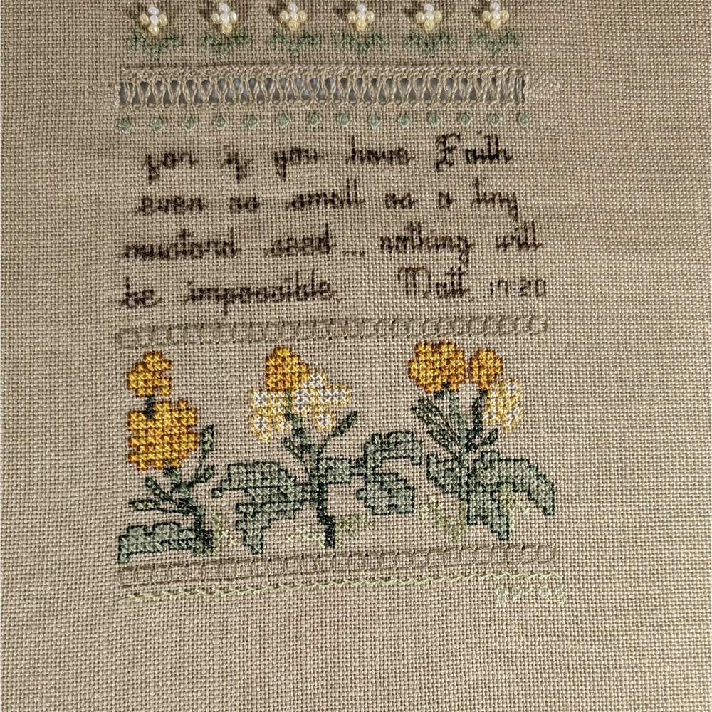 Vintage Cross Stitch Sampler Petit Point Beaded Linen Bible Verse Mustard Seed
